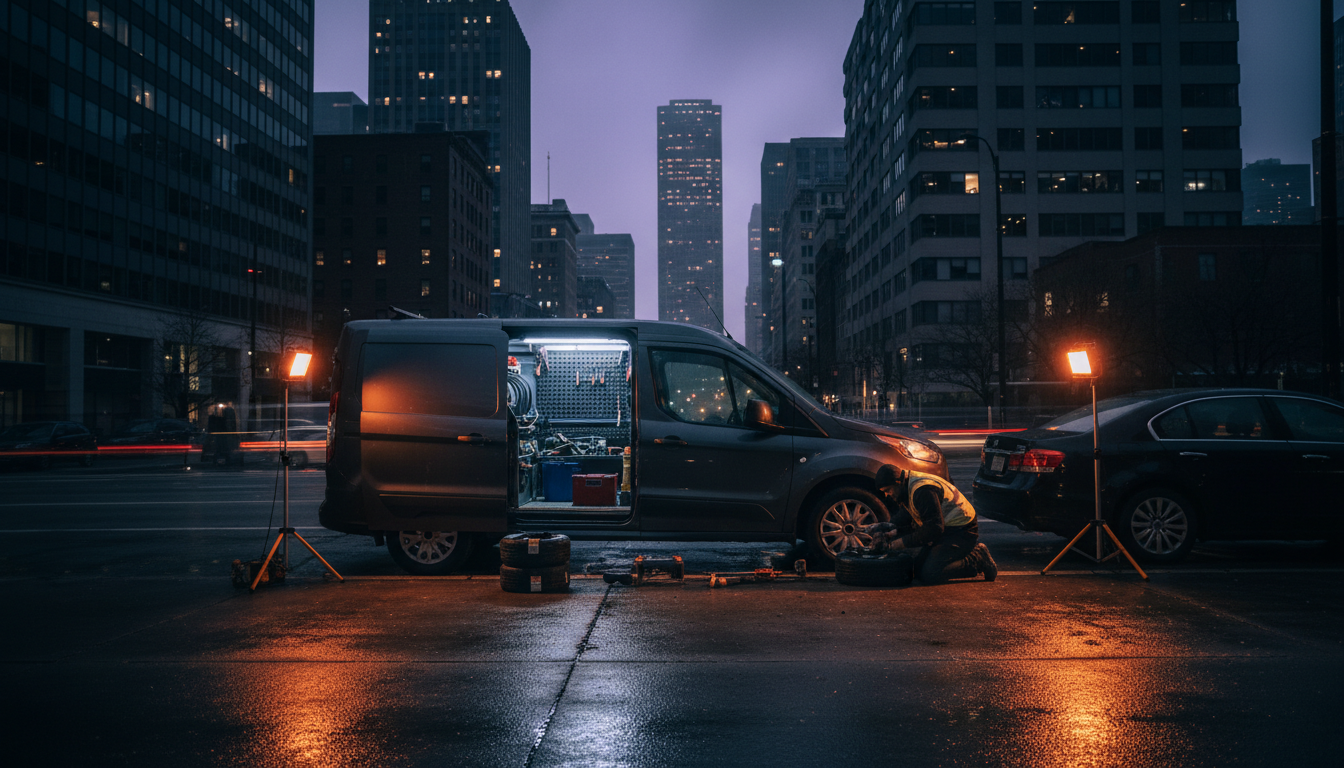 Mobile tyre service van operating at night in urban setting